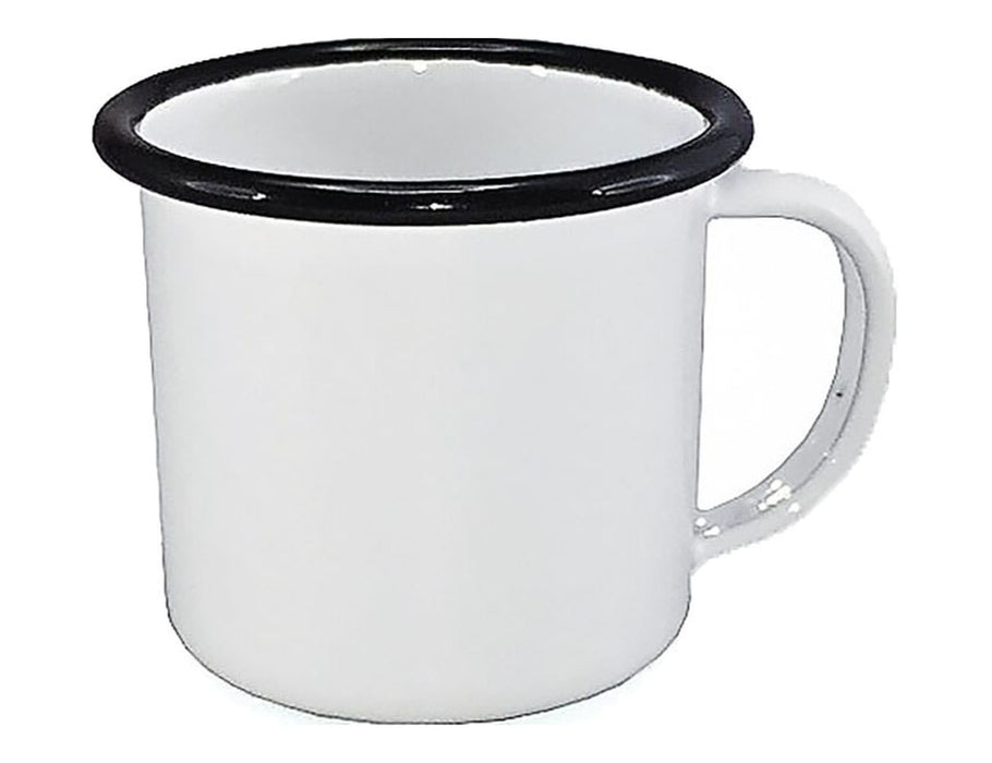 Falcon Enamel 125ml 6cm Espresso Mug - A white enamel espresso mug with a black rim and a sturdy handle, measuring 125ml and 6cm in height.