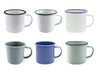 Falcon Enamel 500ml 9cm Mug - A set of six enamel mugs in various colours, including white, grey, blue, and green, each with contrasting rims.