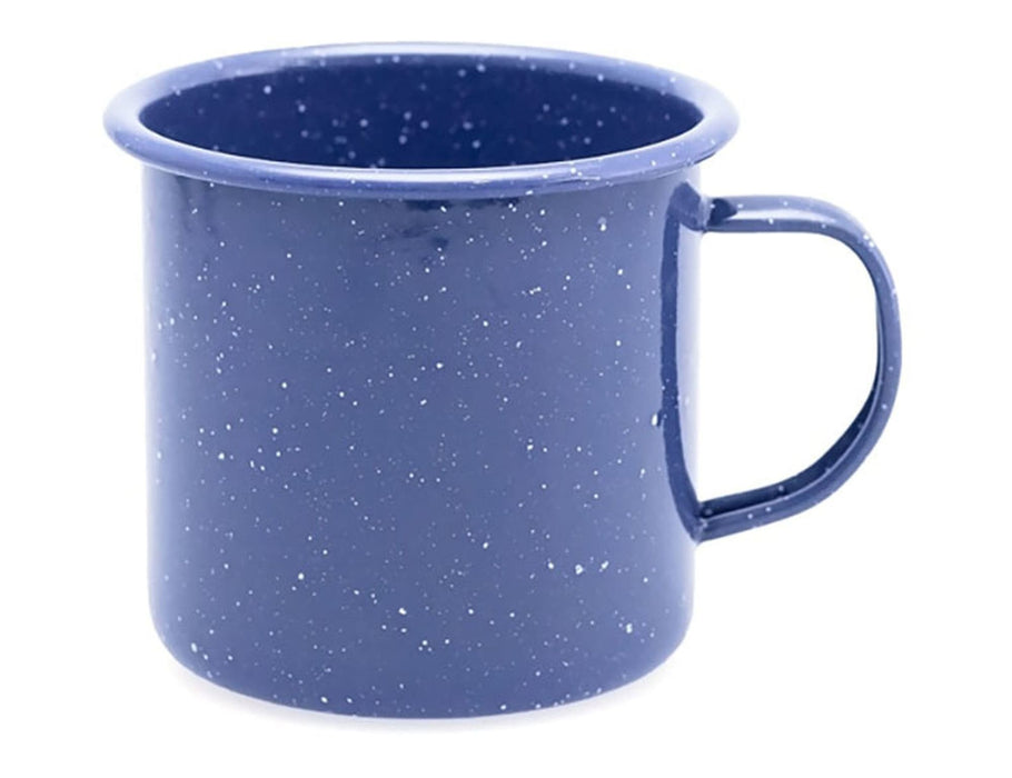 Falcon Enamel 500ml 9cm Mug - A Falcon Enamel 500ml mug in navy blue with a speckled finish and a sturdy handle, featuring branding.