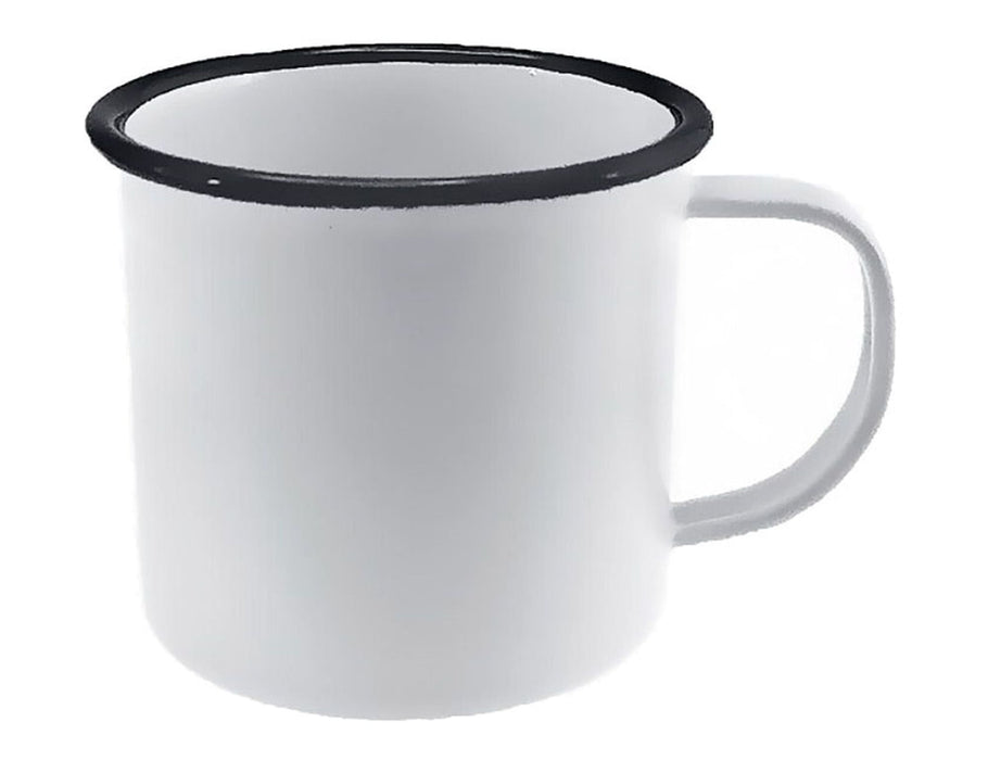 Falcon Enamel 500ml 9cm Mug - A white enamel mug with a black rim and handle, featuring a simple design and a metallic finish.