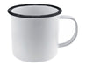 Falcon Enamel 500ml 9cm Mug - A white enamel mug with a black rim and handle, featuring a simple design and a metallic finish.
