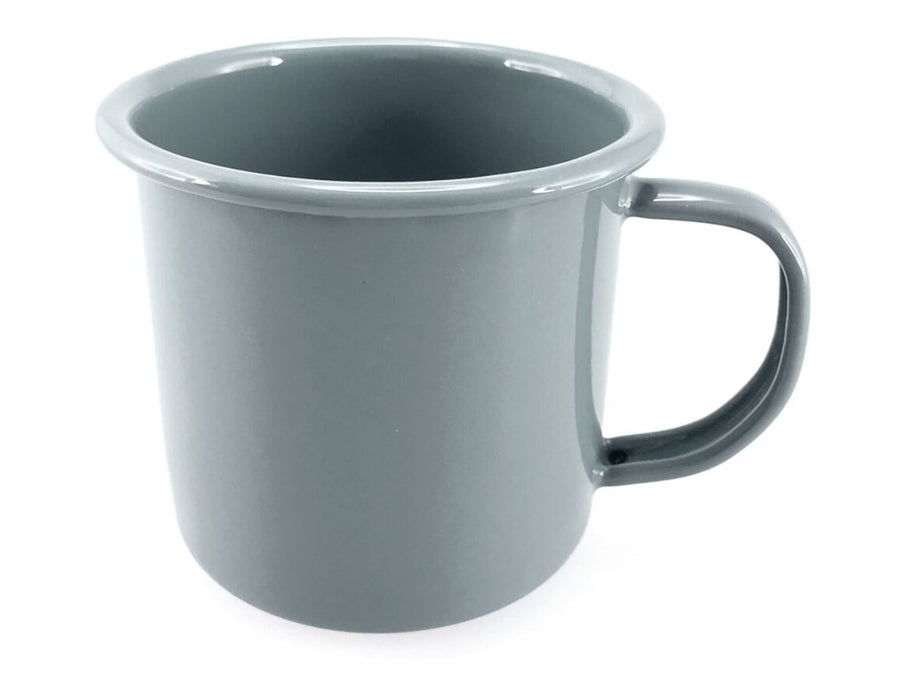 Falcon Enamel 500ml 9cm Mug - A grey enamel mug with a sturdy handle, measuring 500ml and 9cm in height. It features a logo.