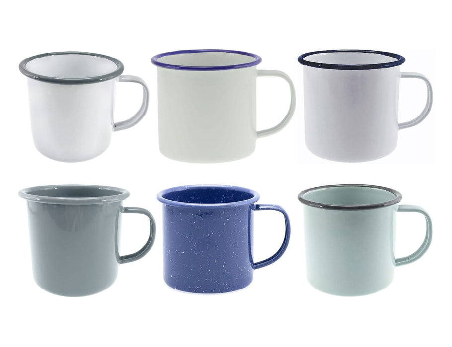 Falcon Enamel 350ml 8cm Mug - A set of six enamel mugs in various colours: white, grey, light blue, dark blue, and cream, featuring contrasting rims and handles.