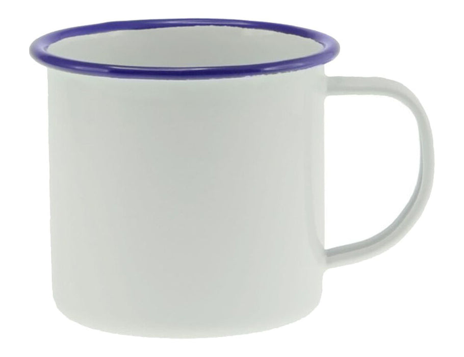Falcon Enamel 350ml 8cm Mug - A mug with a white body and a blue rim, featuring a handle and a logo. Ideal for hot or cold beverages.