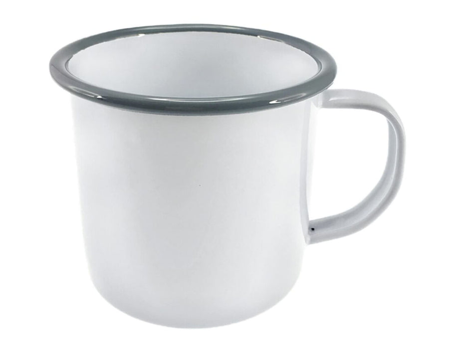 Falcon Enamel 350ml 8cm Mug - A mug featuring a white enamel finish with a contrasting grey rim and handle, includes a branding logo.