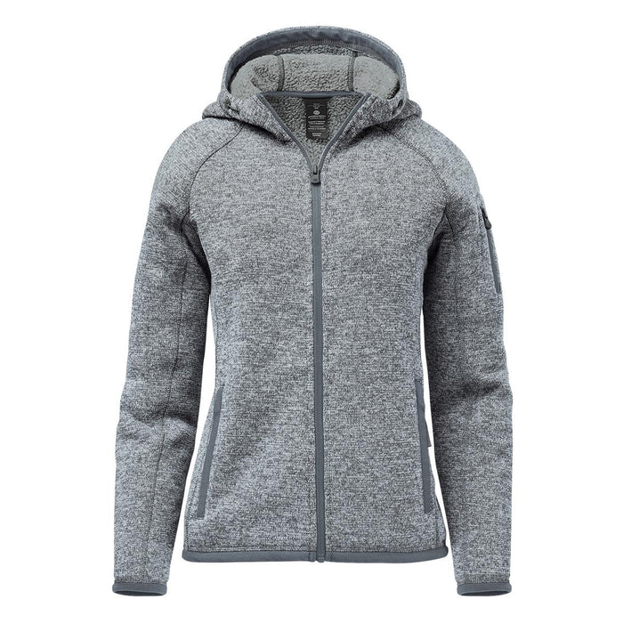 Women's Avalante Full Zip Fleece Hoody - A grey full zip fleece hoody with a hood and a logo, featuring a textured fabric and side pockets.