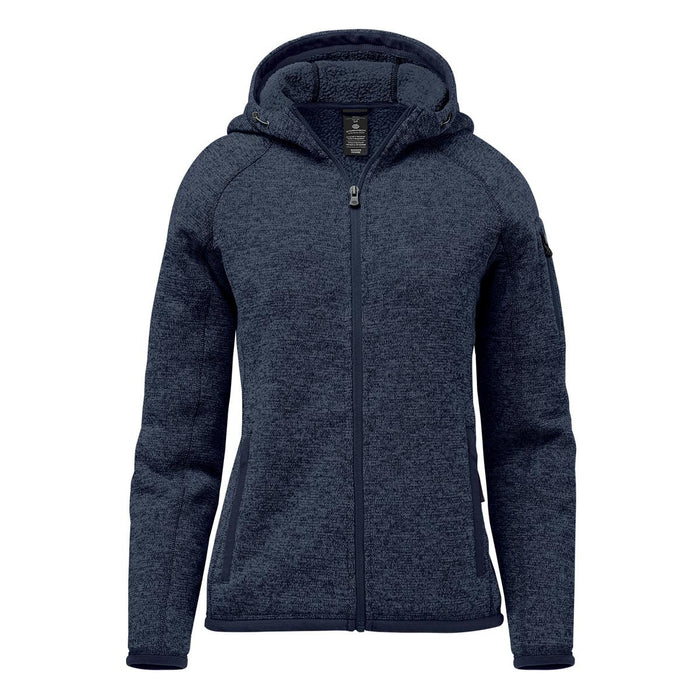 Women's Avalante Full Zip Fleece Hoody - A navy blue women's fleece hoody with a full zip and a hoodie attached, featuring a logo.