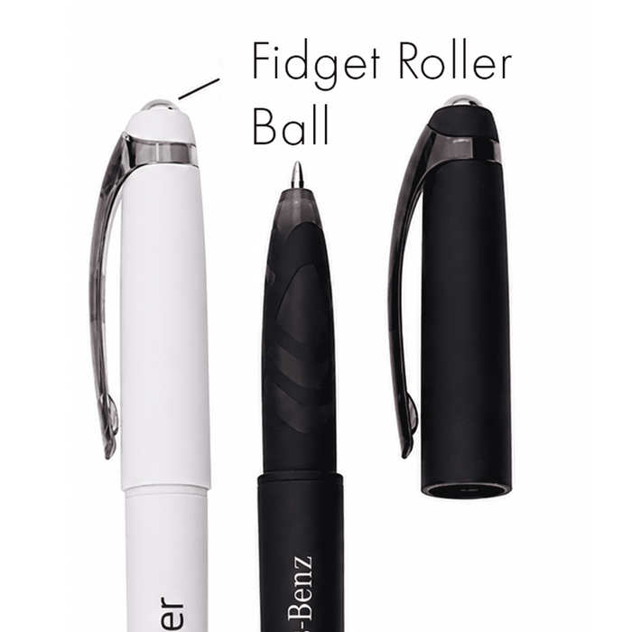 Fidget Gel Pen - A Fidget Gel Pen in white and black, featuring a roller ball tip and a sleek design with a logo.