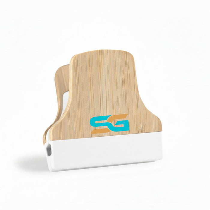 Bamboo Fridge Magnet Clip - A bamboo fridge magnet clip with a white base and a logo on the front.