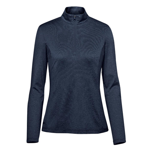 Women's Volante H2X-DRY 1/4 Zip Pullover - A women's pullover in navy blue with a 1/4 zip collar and long sleeves, featuring a logo on the garment.