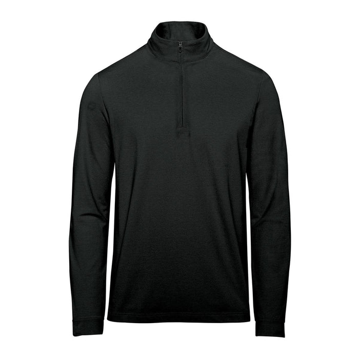 Men's Sonora 1/4 Zip Pullover - A black 1/4 zip pullover for men with long sleeves, featuring a collar and a logo on the sleeve.