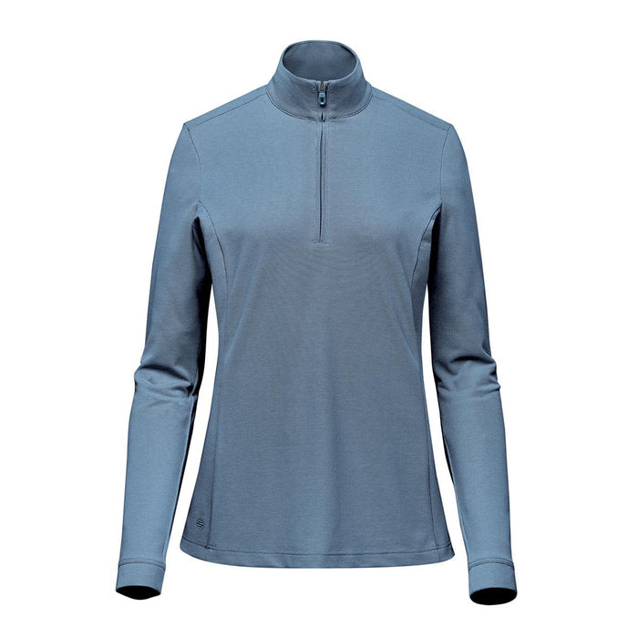 Women's Sonora 1/4 Zip Pullover - A women's 1/4 zip pullover in a soft blue colour, featuring long sleeves and a stand-up collar. It has a logo.