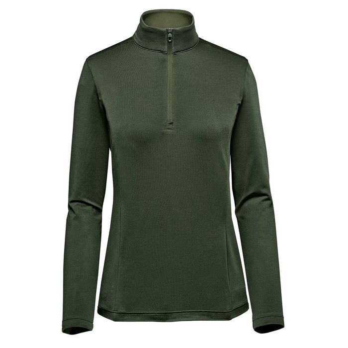 Women's Zermatt 1/4 Zip Pullover - A women's pullover in dark green with a 1/4 zip and long sleeves, featuring a logo on the chest.
