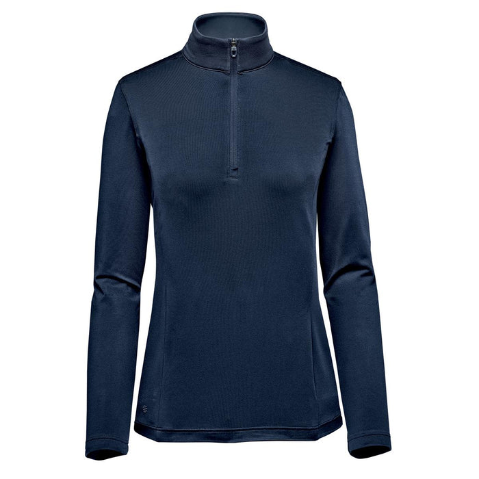 Women's Zermatt 1/4 Zip Pullover - A women's 1/4 zip pullover in navy blue with long sleeves and a high collar, featuring a small logo.