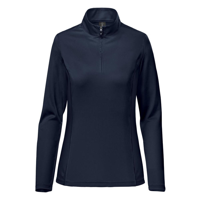 Women's Monterey 1/4 Zip Pullover - A navy women's pullover with a quarter zip and long sleeves. The design includes a logo on the garment.