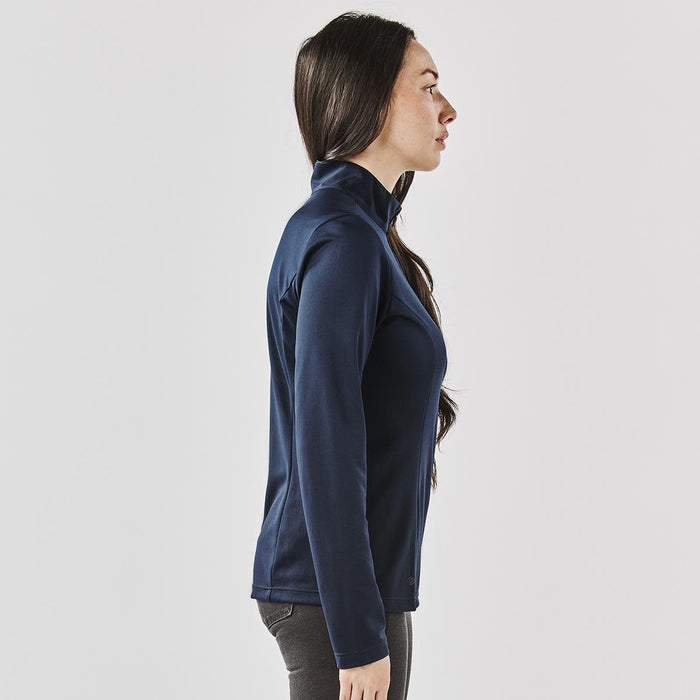 Women's Monterey 1/4 Zip Pullover - A navy women's pullover with a 1/4 zip, featuring a sleek, fitted design and long sleeves. It has a logo.