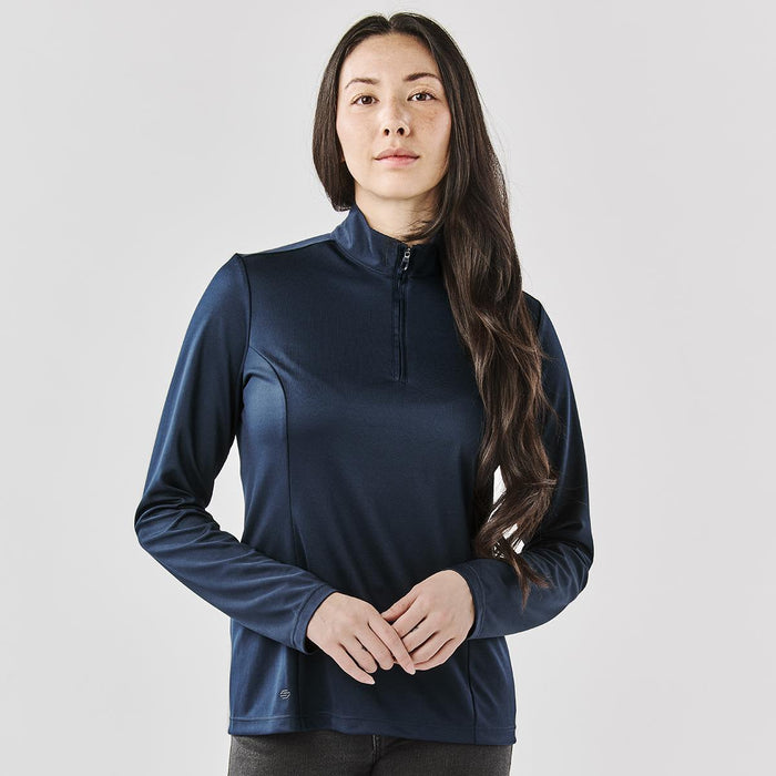 Women's Monterey 1/4 Zip Pullover - Navy women's pullover with a quarter zip and long sleeves, featuring a logo on the front.