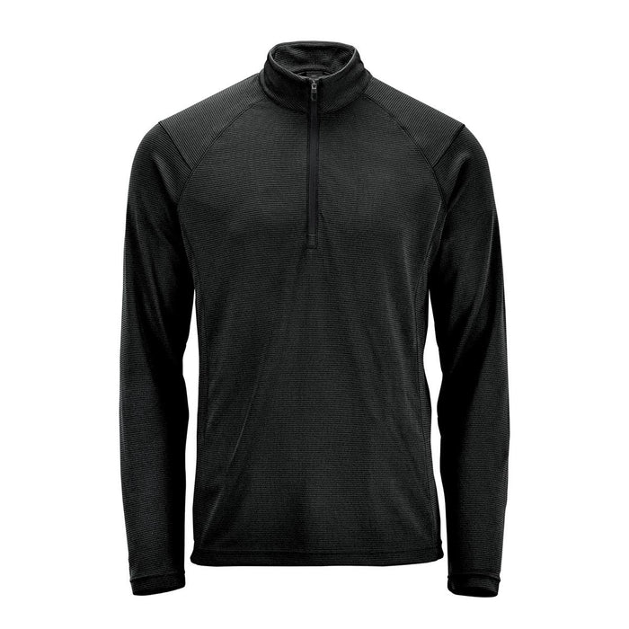 Men's Mesa 1/4 Zip Pullover - A black men's pullover featuring a 1/4 zip design and long sleeves. It has a logo on the front.