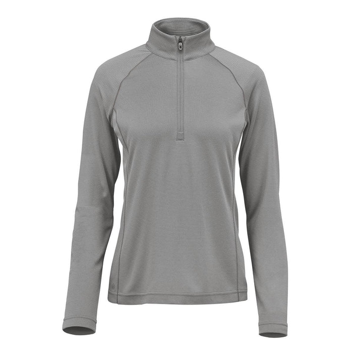 Women's Mesa 1/4 Zip Pullover - A women's pullover in grey with a quarter zip and long sleeves, featuring a subtle striped texture and a logo.