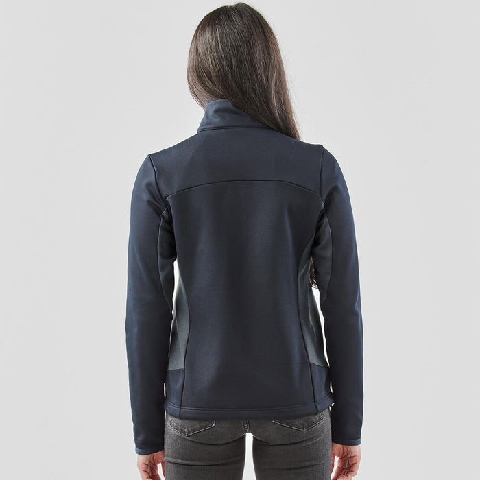 Women's Appaloosa Knit Jacket - A women's Appaloosa knit jacket in navy, featuring a fitted design and a high collar, with a logo on the back.