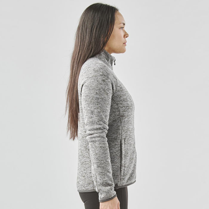 Women's Yosemite Full Zip Fleece Jacket - A side view of a women's grey full zip fleece jacket featuring a high collar and a branded logo.