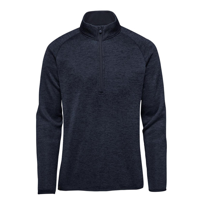 Men's Yosemite 1/2 Zip Fleece Jacket - A men's half-zip fleece jacket in navy blue with long sleeves and a stand-up collar. It has a logo on it.