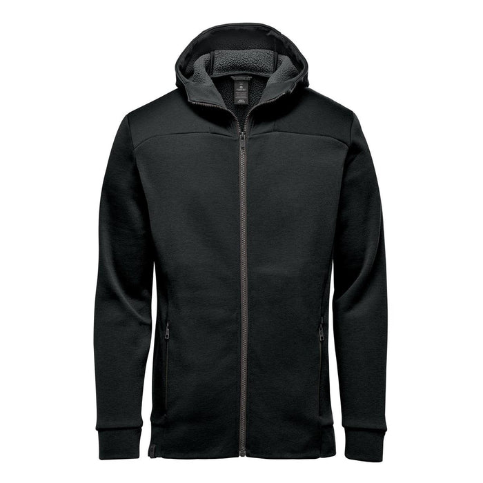 Men's Antares Performance Hoody - A black hoody featuring a zip front, a hood, and a soft inner lining, with side pockets and a logo.