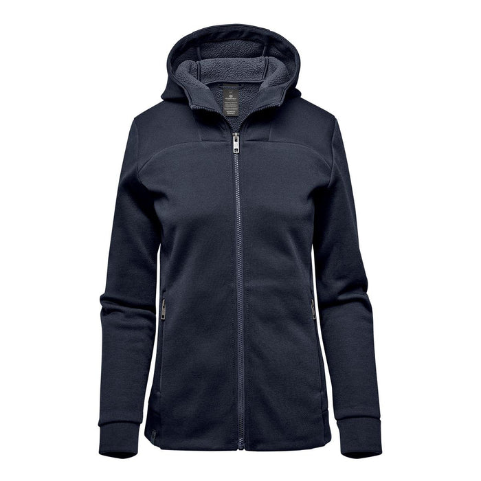 Women's Antares Performance Hoody - A women's performance hoody in navy blue with a zip front, hood, and side pockets. It features a textured inner lining.