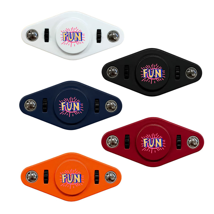 Vibro Fidget Spinner - A collection of Vibro Fidget Spinners in white, black, navy, red, and orange, all featuring a logo.