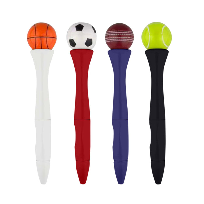 Sport’s Ball Fidget Spinner Pen - A collection of four fidget spinner pens in white, red, purple, and black, each topped with a different sports ball.