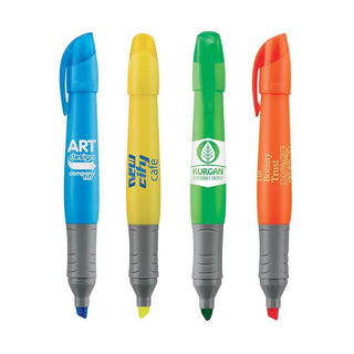 Brite Liner Grip Xl Pen - Four highlighters in blue, yellow, green, and orange, featuring grey grips and various logos.