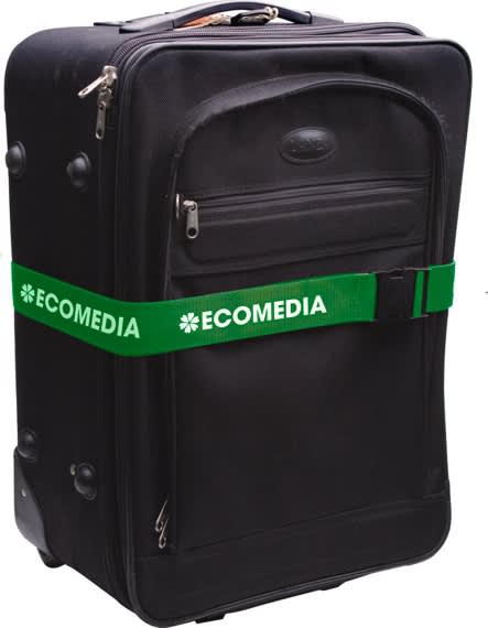 Destination Luggage Strap - A black suitcase secured with a green luggage strap featuring a logo.