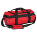 Stormtech Gear Bag Small - A red duffle bag with black straps and a handle, featuring a logo and adjustable shoulder strap.