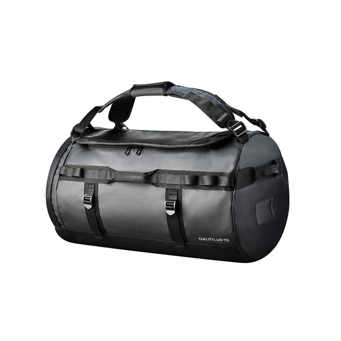 Nautilus Waterproof Duffle 70 - A black waterproof duffle bag with adjustable straps and a sleek design, featuring a logo.