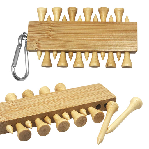 Bamboo Golf Tee Set - A bamboo golf tee set featuring multiple tees stored on a holder with a carabiner. The tees are natural wood colour.