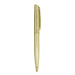 The Rhi Metal Ball Pen - A golden metal ballpoint pen featuring a sleek design and a pocket clip. It has a logo on the barrel.