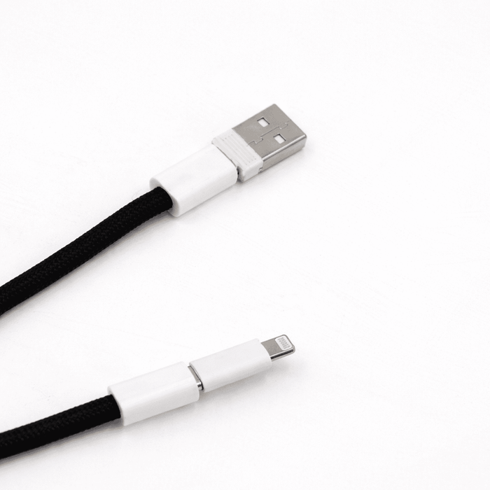 The Power Band Charging Lanyard - 60W - A black charging lanyard with white connectors at both ends, featuring a USB and a Lightning connector.