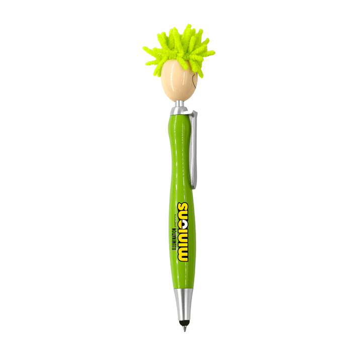 Mop Head Pen with Stylus - A green pen with a stylus features a mop head design and a playful character with bright green hair.
