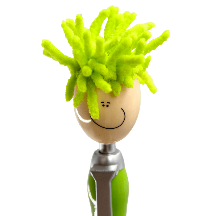 Mop Head Pen with Stylus - A quirky pen with a smiling face and bright green mop head-like strands, featuring a silver clip.