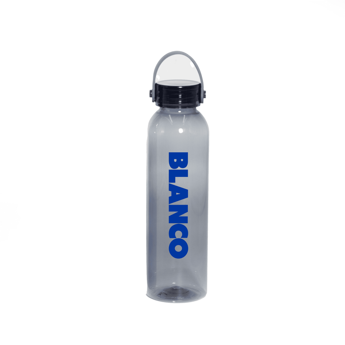 Clearview RPET 630ml Drink Bottle - A drink bottle made of clear RPET, featuring a black lid and a prominent blue logo.