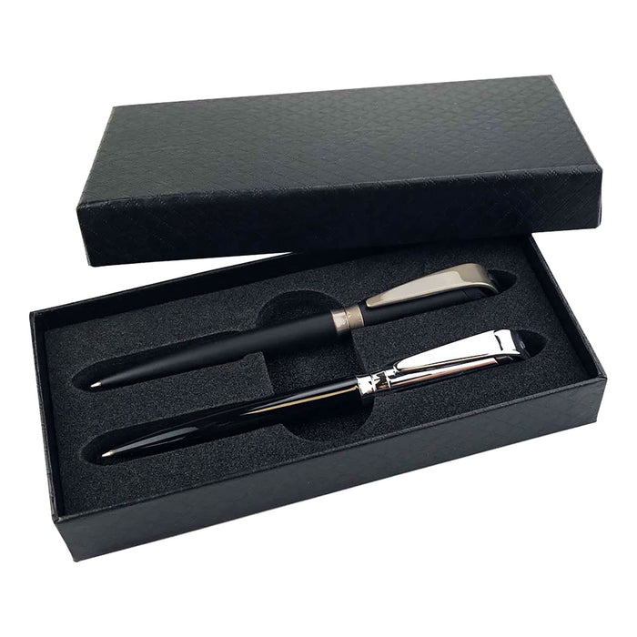 Premum Kilo Metal Pen Gift Set - A black metal pen gift set featuring two pens, presented in a sleek black box with a textured finish.