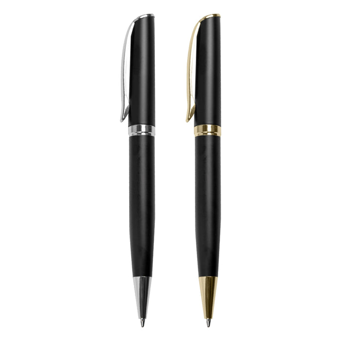 Prime Premium Pen Gift Set - A set of two metal pens in black with silver and gold accents, featuring sleek designs and clips.