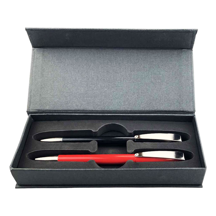 Prestige Pen Gift Set - A pen gift set featuring a black and a red plastic pen, presented in a sleek grey box.