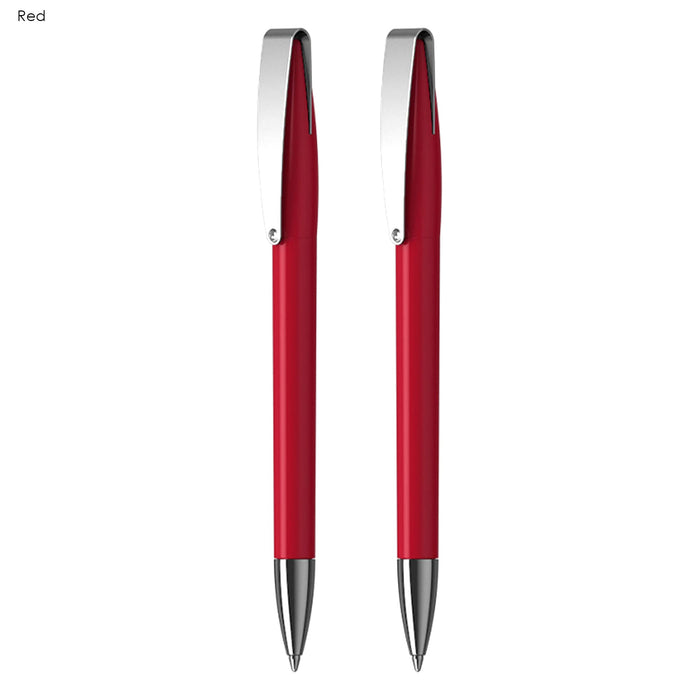 Prestige Pen Gift Set - A red pen gift set featuring two sleek plastic pens with chrome clips and silver accents.