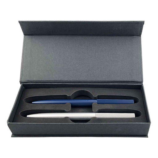 Valorias Elite Pen Gift Set - A gift box containing two metal pens, one silver and one blue, in a padded interior.