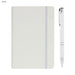 Alison A5 Notebook and Pen Gift Set - A white A5 notebook with a grey elastic band and a matching white pen. The notebook has a logo on the cover.