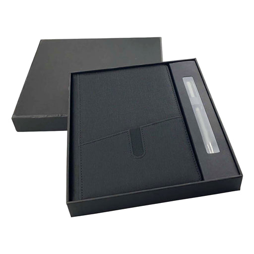 Isaly Notebook and Pen Gift Set - A black notebook with a pocket and a matching pen, packaged in a black gift box.