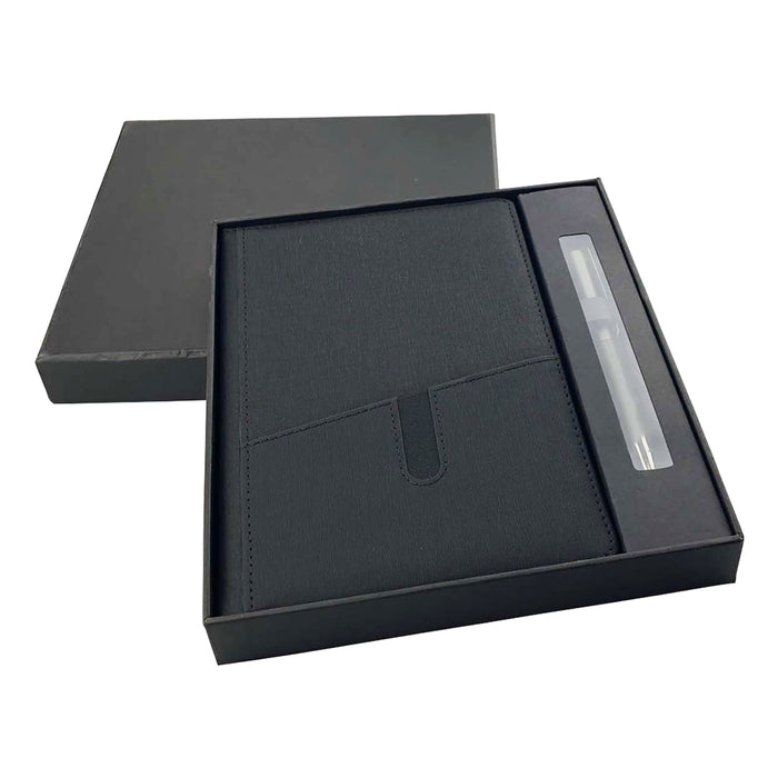 Isaly Notebook and Pen Gift Set - A black notebook with a pocket and a matching pen, packaged in a black gift box.