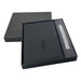 Isaly Notebook and Pen Gift Set - A black notebook with a pocket and a matching pen, packaged in a black gift box.