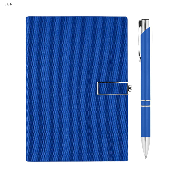 Century Noteook and Pen Gift Set - A blue notebook with a textured cover and a silver pen, featuring a logo.